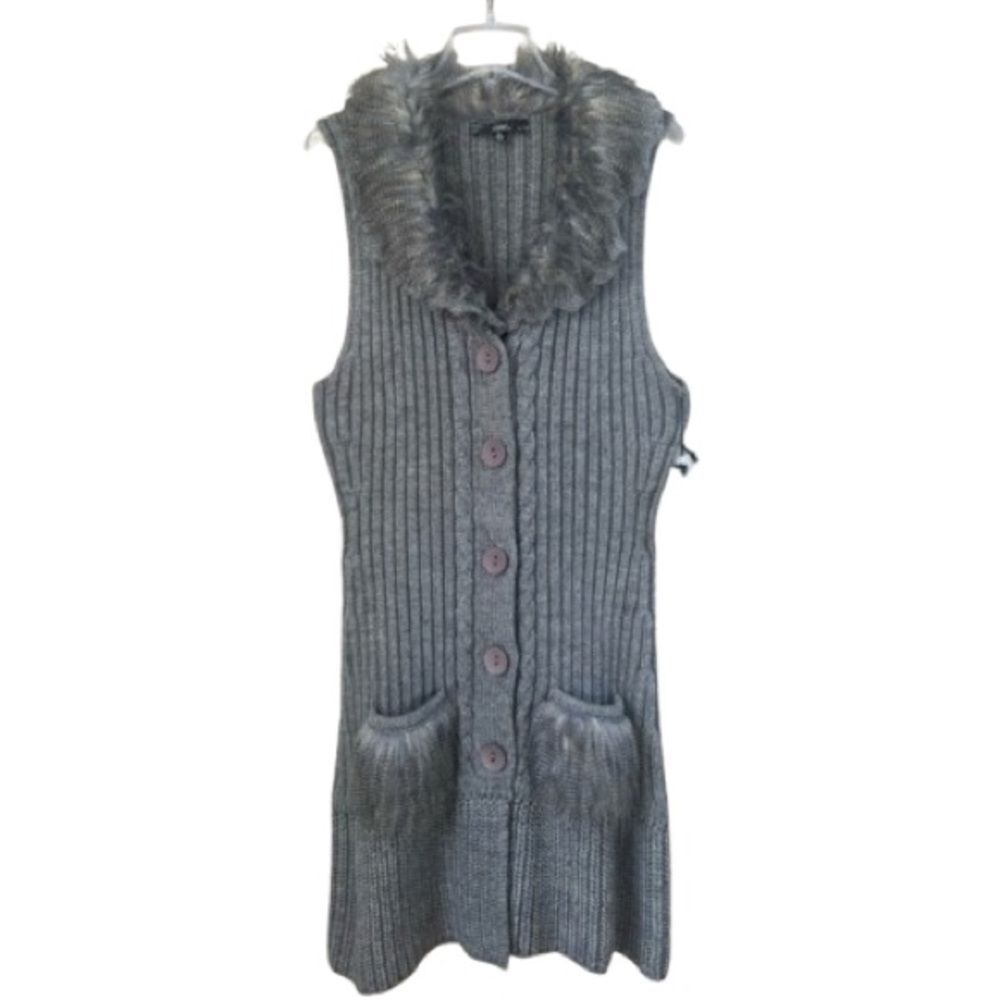 Sioni Y2K Faux Fur Cable Knit Longline Wool Blend Sweater Vest Cardigan SZ XL - Picture 2 of 16